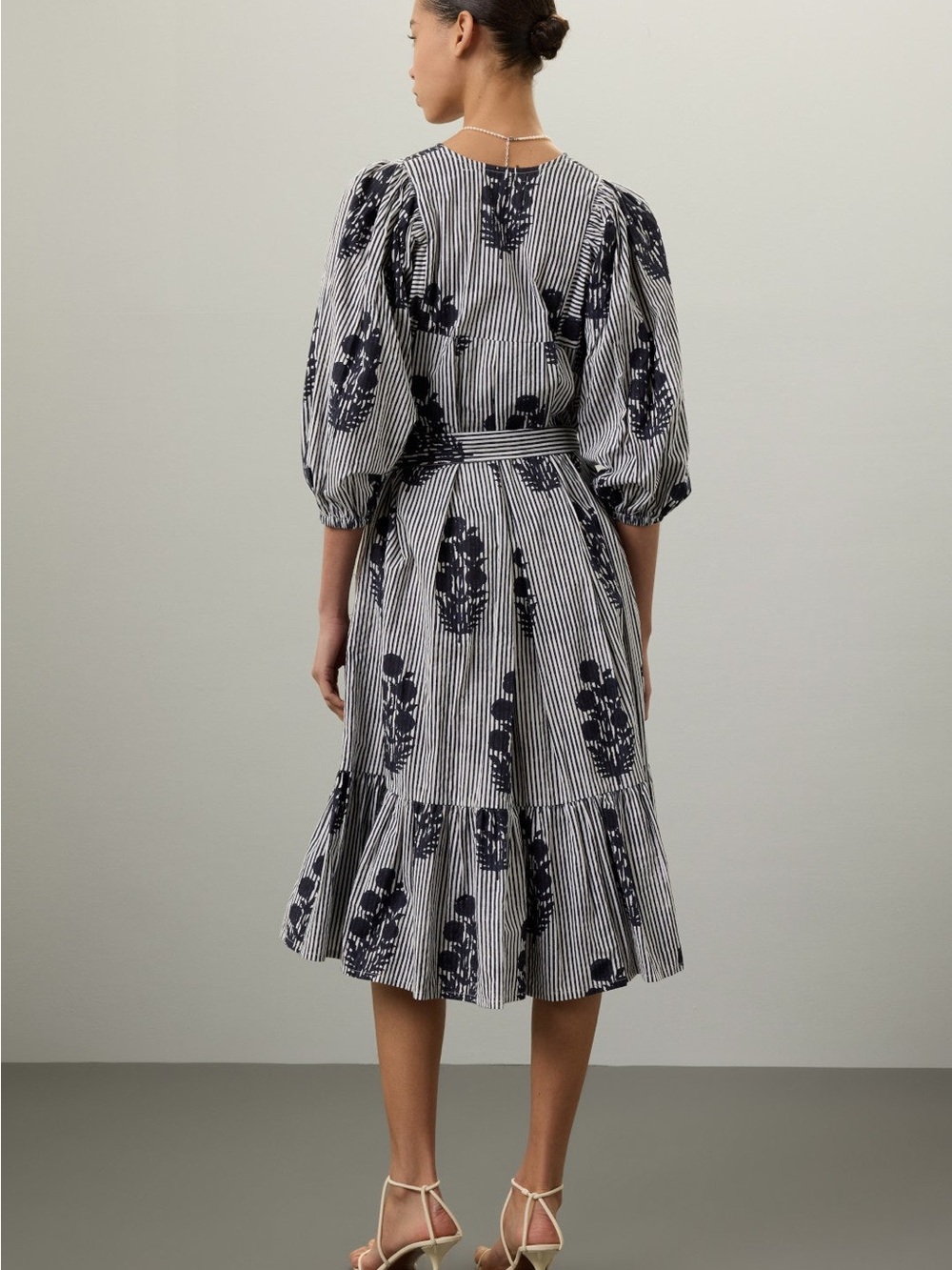 Striped Black and White Floral Tie-Waist Midi Dress - Picture 3 of 7